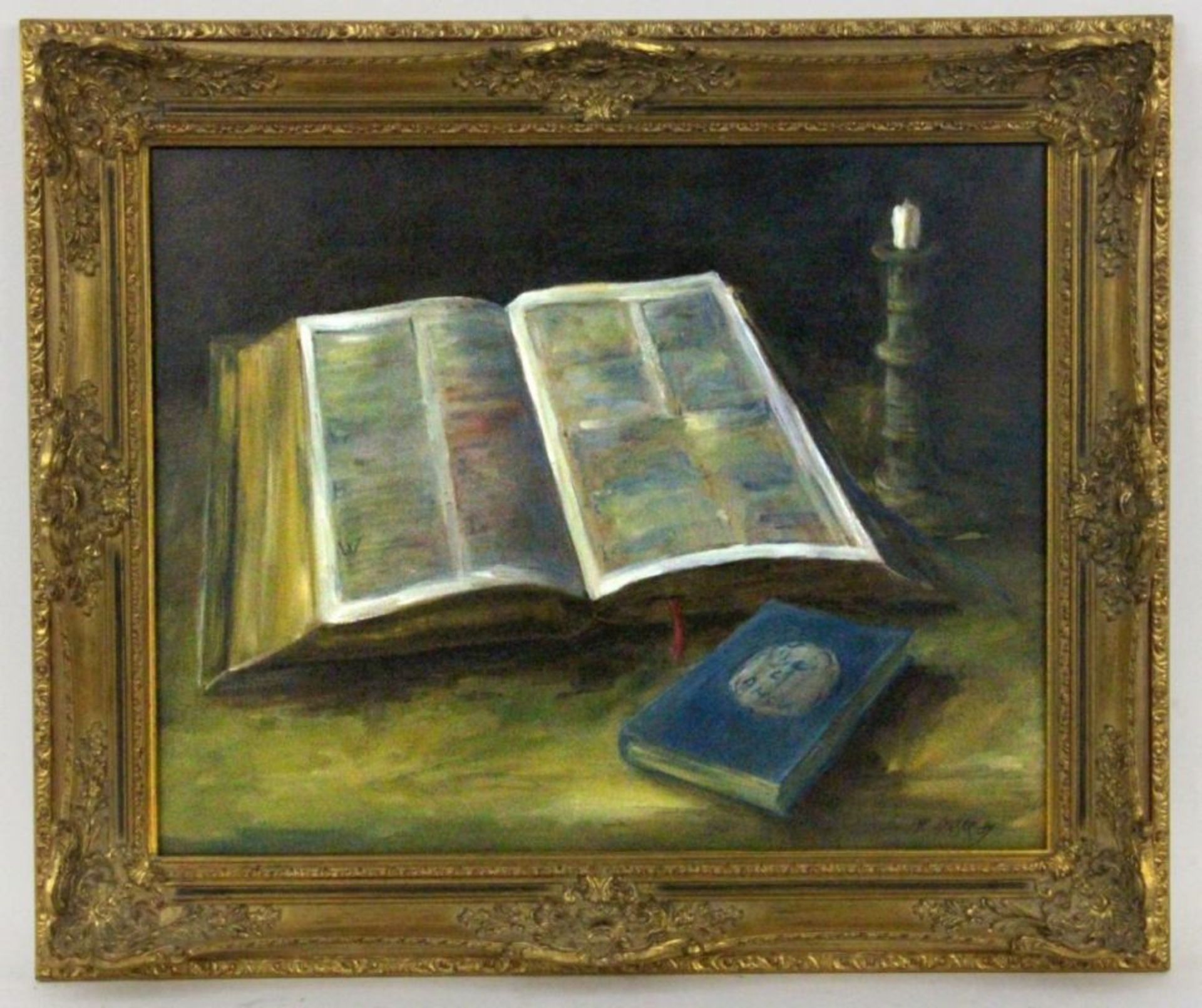MOSER, H.20.Jh. Aufgeschlagenes Buch und Kerze. Öl/Lwwd., signiert und datiert: (19)89. 40x50xm,