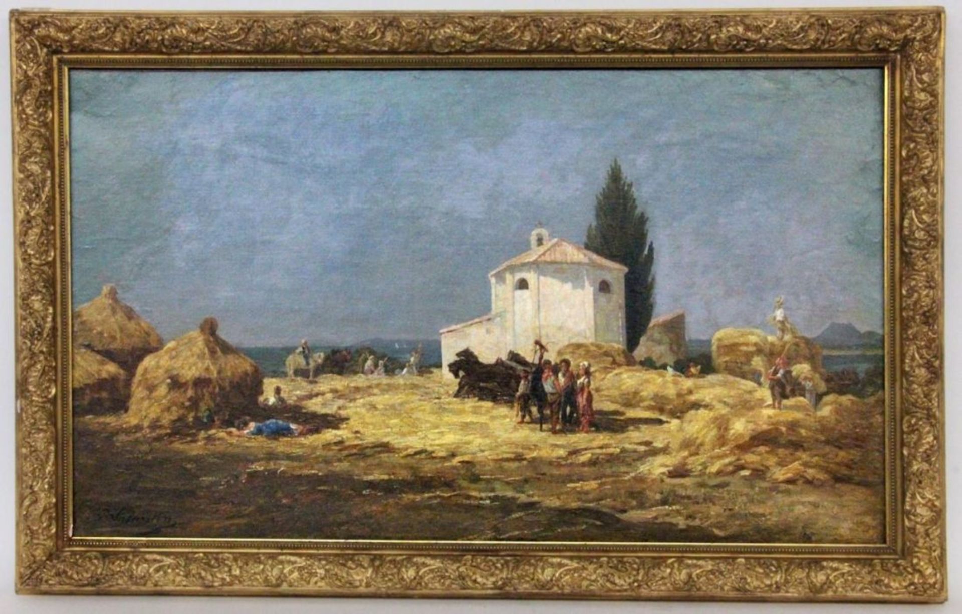 VALANTIN, PAULFranzösischer Maler um 1900 Heuernte in mediterraner Küstenlandschaft mit Kapelle
