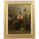DUCROCQ, C.Französischer Maler 19.Jh. Magd in der Küche beim Gemüse putzen. Öl/Holz, signiert.