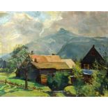 BRAUN, JOSEFAllgäuer Maler, 20.Jh. Allgäuer Landschaft mit Bauernhof. Öl/Karton, signiert und