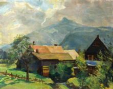 BRAUN, JOSEFAllgäuer Maler, 20.Jh. Allgäuer Landschaft mit Bauernhof. Öl/Karton, signiert und