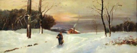 ANONYMER MALER20.Jh. Schneelandschaft mit Bäuerin. Öl/Karton, 15x36cm, Ra.UNKNOWN ARTIST 20th