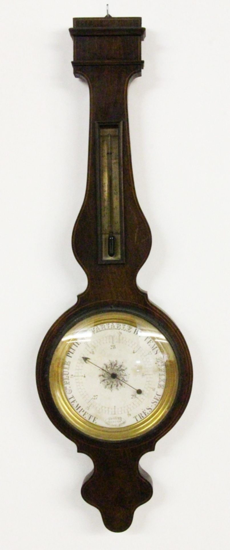 WETTERSTATIONFrankreich um 1900 Holzgehäuse mit Thermometer und Barometer. H.95cm. AltersschädenA