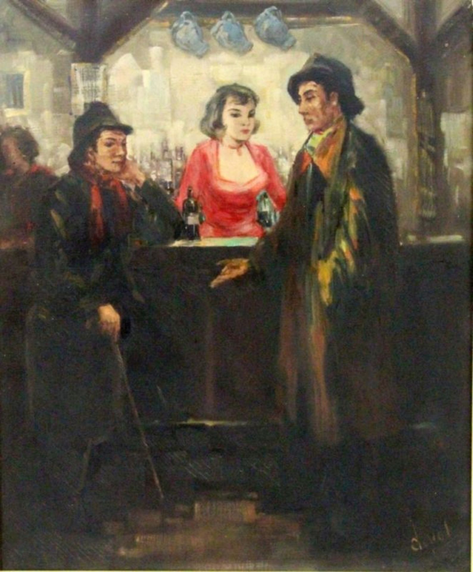 DUVALPariser Maler, 1950er/60er Jahre An der Bar. 2 Männer in Regenkleidung am Tresen mit Bardame.