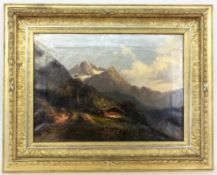 ALPENLÄNDISCH19.Jh. Romantische Gebirgslandschaft mit Almhütte und Wanderern. Öl/Lwd., 52x72cm,