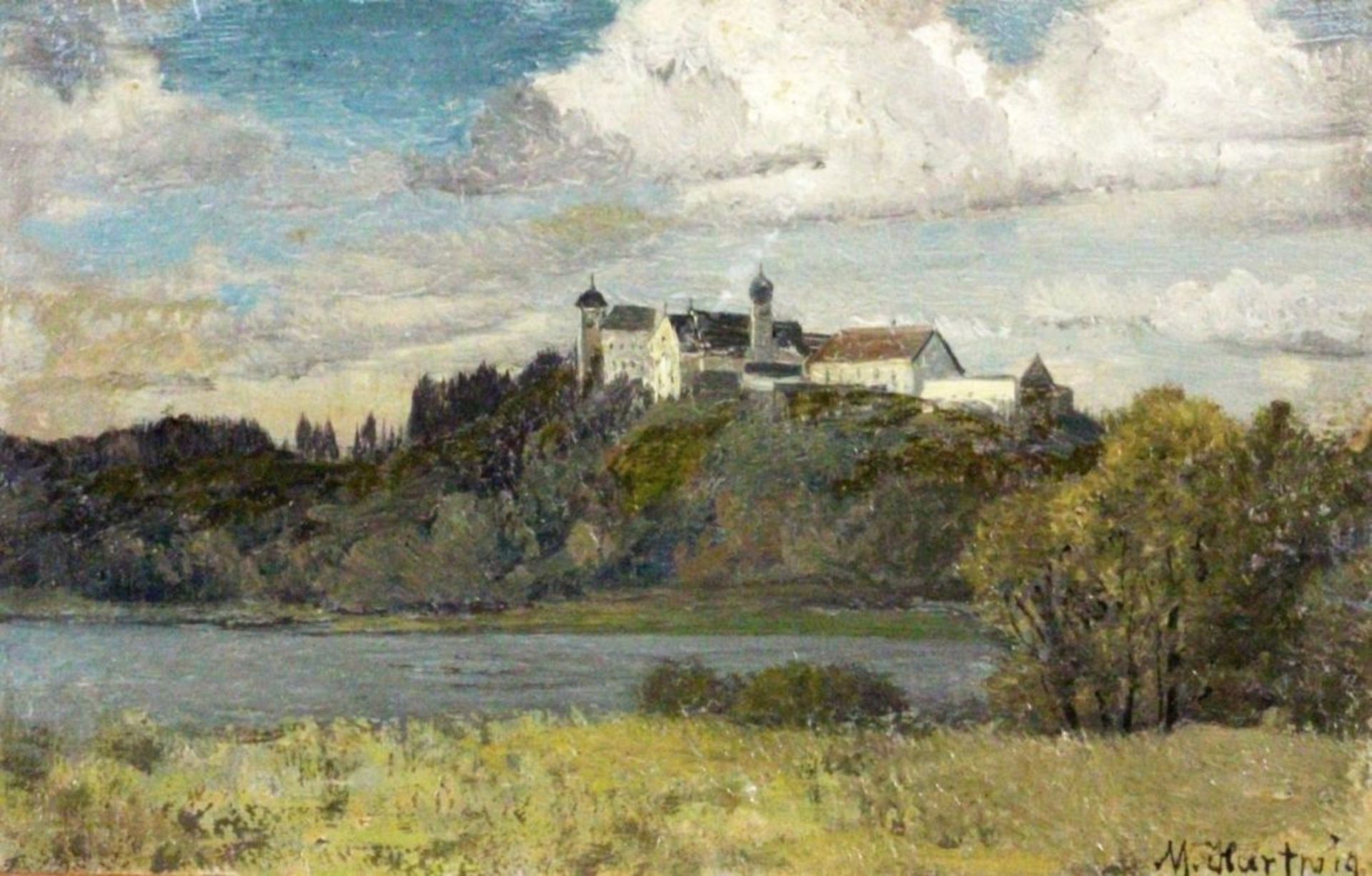 HARTWIG, MAXMünchen 1873 - 1939 Flusslandschaft mit Kloster. Öl/Karton, signiert. 9x14cmHARTWIG, MAX