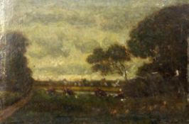 DUPRÉ, JULES (attr.)Nantes 1811 - 1889 in L'Isle-Adam Flusslandschaft mit Kühen und Hirten. Öl/Holz,