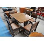 JACOBEAN STYLE DRAW LEAF REFECTORY TYPE DINING TABLE WITH CUP & COVER SUPPORTS & A SET OF 6 HIDE