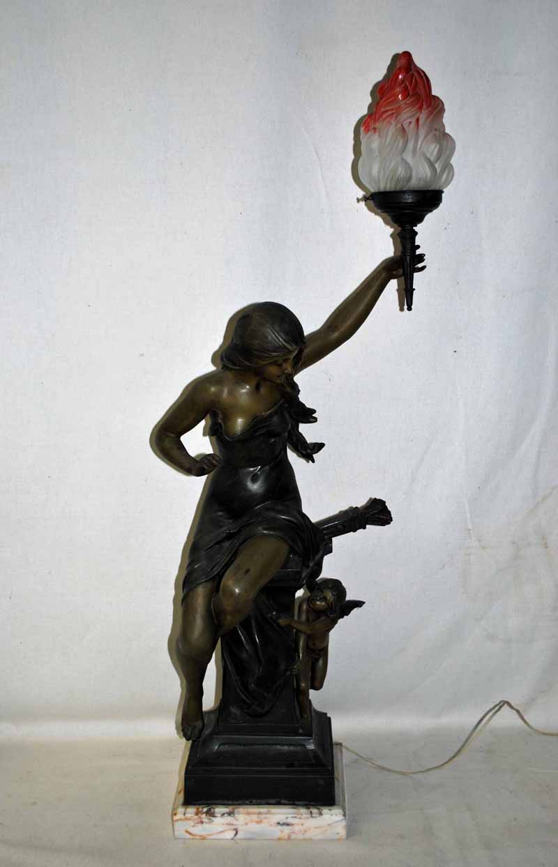 A large early 20th century patinated spelter Table Lamp of figural form with a seated classical