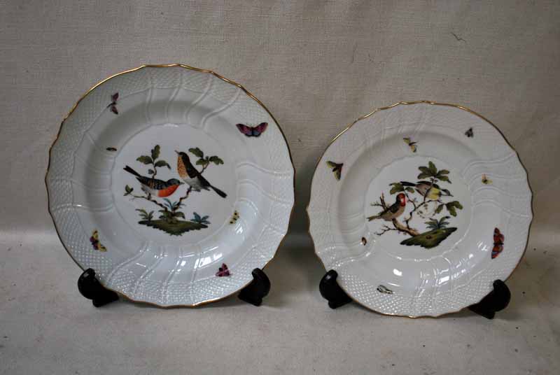 A set of six Herend Hungarian porcelain plates, hand painted with hedgerow birds and insects, 25.5cm