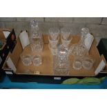 TRAY OF MIXED CUT GLASS INC 3 DECANTERS, 6 WINE & 4 WHISKY GLASSES