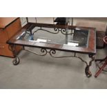 LARGE WROUGHT IRON, GLASS & FAUX LEATHER MAGAZINE TABLE