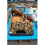 BOX OF TREEN & RESIN ELEPHANTS & FRUIT BOWL