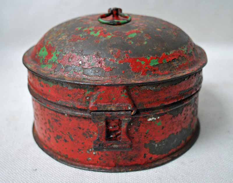 A 19th century tinplate Spice Box, circular with hinged cover enclosing spice compartments and