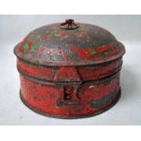 A 19th century tinplate Spice Box, circular with hinged cover enclosing spice compartments and