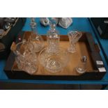 6 ITEMS OF CUT GLASSWARE INC 2 DECANTERS, WATER JUG, FRUIT BOWL, VASE & CASTER