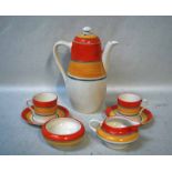 An Art Deco Coffee Set by Gray's pottery, hand painted in yellow, grey and orange banded decoration,