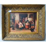 English School, Family Group in a Cottage Interior with Cat and Dogs, unsigned oil on panel in heavy