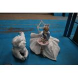 NAO 1355 GIRL SITTING AT TABLE WITH KITTEN & GERMAN PORCELAIN SEATED POLAR BEAR