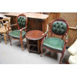 A PAIR OF GREEN LEATHER UPHOLSTERED ELBOW CHAIRS & OAK 1930'S 3-TIER CIRCULAR OCCASIONAL TABLE