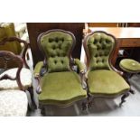 2 VICTORIAN GREEN UPHOLSTERED LADIES & GENTS PARLOUR CHAIRS