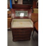 A VICTORIAN MAHOGANY LIFT TOP DRESSING TABLE WITH SLIDING TOP FITTED WITH MIRROR & MARBLE LINING