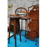 A SMALL OAK TWIST LEG TABLE, 3-TIER FOLDING CAKE STAND & SMALL OAK PLANT STAND