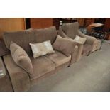 GOOD QUALITY MODERN 2-SEATER SETTEE, ARMCHAIR & FOOTSTOOL IN OATMEAL