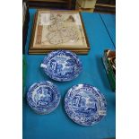 13 ITEMS OF SPODE BLUE ITALIAN TABLEWARE & 3 COUNTRY MAPS