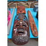 AFRICAN HARDWOOD LARGE TRIBAL MASK DEPICTING FACE, CROCODILE & FIGURES, 85CM LONG & 2 OTHERS SMALLER