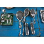 7-PIECE SILVER MOUNTED DRESSING TABLE SET INC 4 BRUSHES, MIRROR, LACE HOOK & SHOE HORN