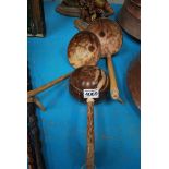 3 PACIFIC ISLAND LADLES WITH COCONUT SHELL BOWLS