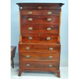 A good 19th century mahogany Chest on chest, moulded and inlaid shallow cornice above a frieze
