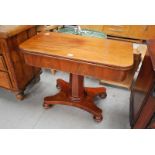 VICTORIAN MAHOGANY FOLD OVER TOP TEA TABLE ON TAPERING HEXAGONAL SUPPORT, QUADRIPARTITE BASE &