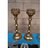 A GOOD PAIR OF GOTHIC BRASS ECCLESIASTICAL CANDLESTICKS 50CM HIGH