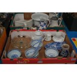 2 BOXES OF MIXED CERAMICS INC 2 WINE JUGS, 2 PEWTER LIDDED WATER JUGS, SMALL TEAPOT & BED PANS (7)