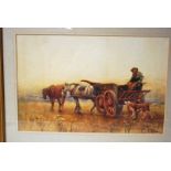 John Terris RSW (1865-1914) Farm worker with Horses, Cart and Dog Returning Home at Sunset, signed
