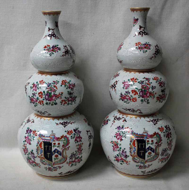 A good pair of 19th century oriental Sampson Style Triple Gourd Vases, hand painted panels of flowe