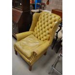 GEORGIAN STYLE OLIVE GREEN LEATHER BUTTON BACK WINGBACK ARMCHAIR