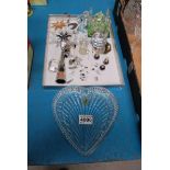 WATERFORD CRYSTAL HEART SHAPE TRAY & TRAY OF MISC CRYSTAL GLASS MINIATURES