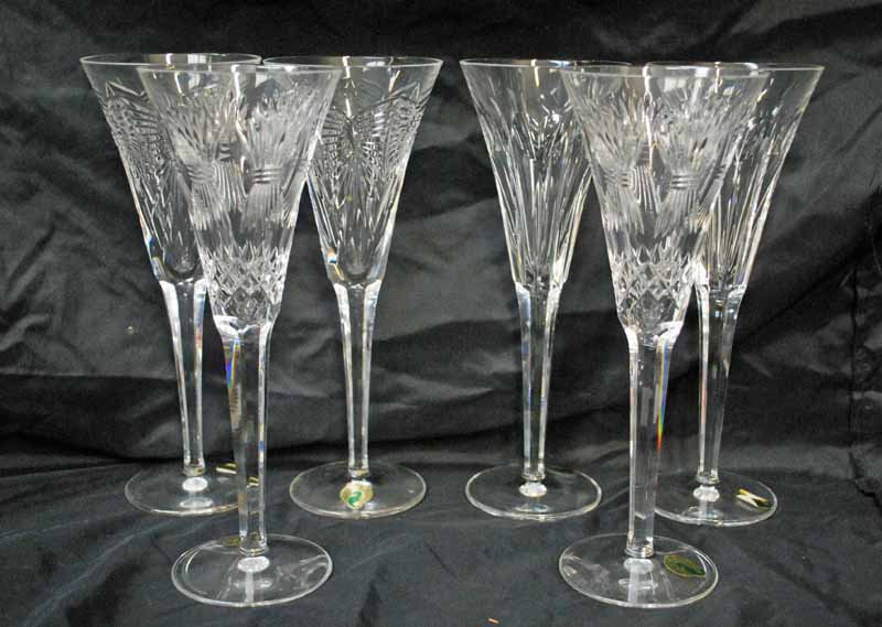 A set of six pairs of Waterford Crystal Millennium Collection Champagne Toasting Flutes, each pair