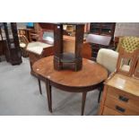 A REGENCY STYLE PAIR OF MAHOGANY DEMI LUNE TABLE ENDS & AN ART DECO OCCASIONAL TABLE WITH UNDERSHELF