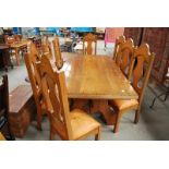 LARGE PLANK EFFECT TOP HARDWOOD DINING TABLE & 8 HIGH BACK CHAIRS WITH LEATHER SEATS