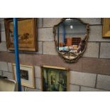 GILT FRAME WALL MIRROR, 3 X FRAMED PRINTS