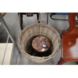 LOG BASKET & SMALL HARDWOOD STOOL WITH CARVED ELEPHANT TOP