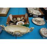 JEMA, DELFT CHINESE STYLE 2-HANDLED FLOWER BOAT, 8 ITEMS OF CHOKIN WARE & 4 BRASS FRAME PLAQUES