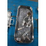 ROUNDED RECTANGULAR EPNS TRAY ON BUN FEET & 4 ITEMS OF PLATED SMALL WARE