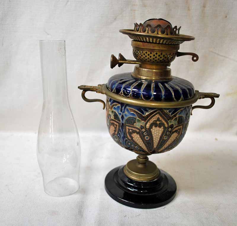 A Victorian Doulton Lambeth stoneware Oil Lamp by Edith Lupton, chalice form with removable font,