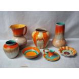 Shelley Drip Ware, orange and green, orange and brown, three Vases, 12cm to 20cm, Jug, 19cm high,