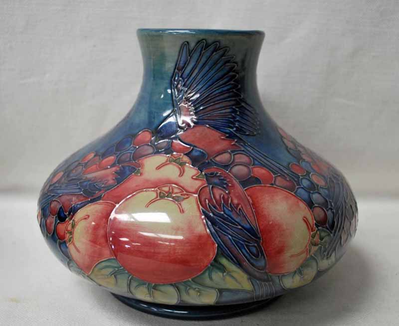 A late 20th century Moorcroft Pottery tubeline decorated large Onion Shape Vase, in the Finches